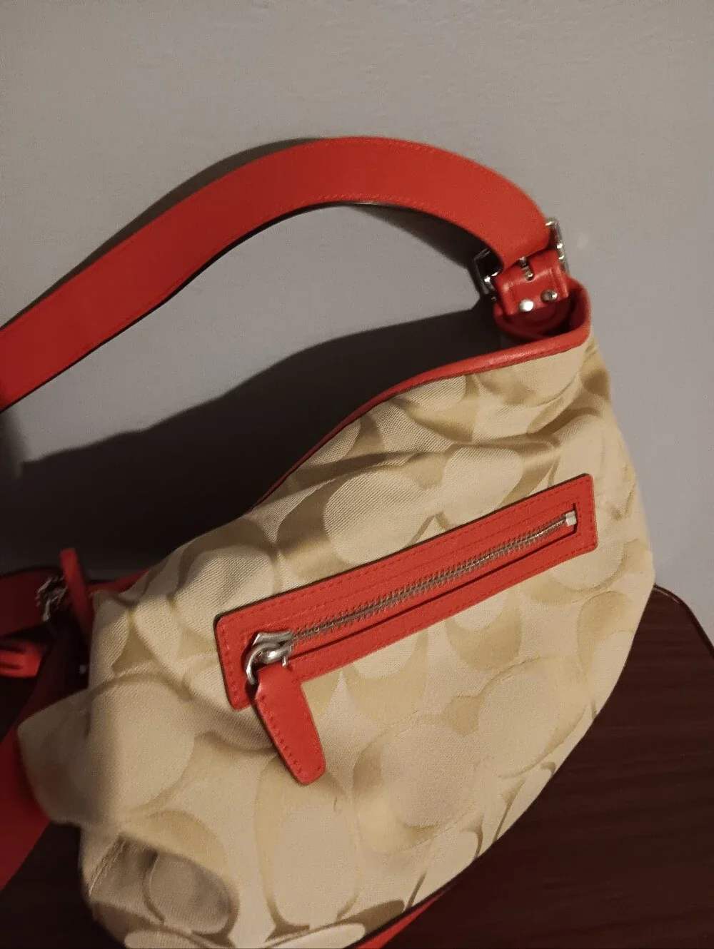 Coach Beige Signature Canvas Shoulder Bag with Red Trim